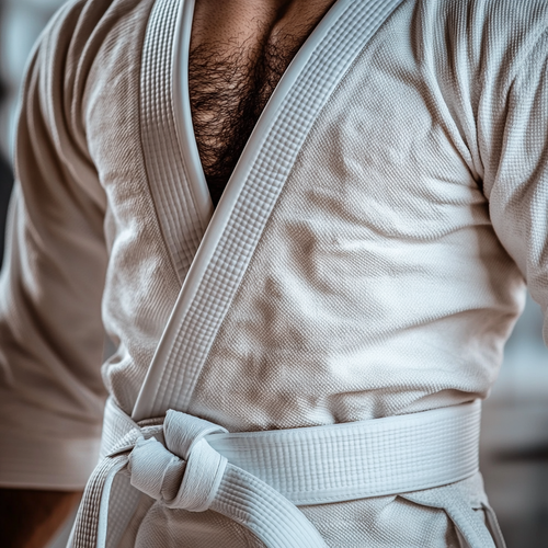 An AI image of a new white belt doing his best to tie his belt